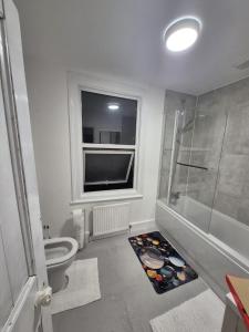 a bathroom with a shower and a toilet and a window at Spacious Apartment in London in London