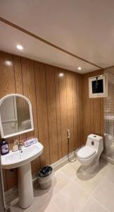 a bathroom with a toilet and a sink and a mirror at Wadi Rum Jordan in Al Jafr