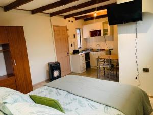 a small bedroom with a bed and a kitchen at Acogedor céntrico loft in Angol