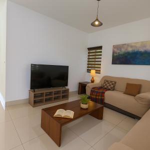 a living room with a couch and a flat screen tv at Mansion Cumbres Vista Panoramica Monterrey in Monterrey