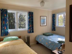 a bedroom with two beds and two windows at Singlee - Turangi Holiday Home in Turangi