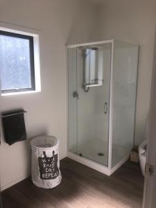 a bathroom with a shower with a glass shower stall at Night Winds Homestay in Ohaupo
