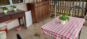 a table with a red and white checkered table cloth at Bentong Hill Cottage in Bentong