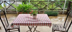 einen Tisch und Stühle mit Topfpflanze drauf in der Unterkunft Bentong Hill Cottage in Bentong + 26 Fotos