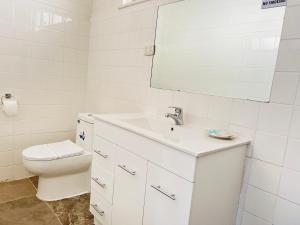 a bathroom with a toilet and a sink and a mirror at Motel Maroondah in Box Hill