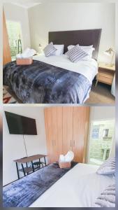 two pictures of a bedroom with a large bed at Hippo's Rest in Ellisras
