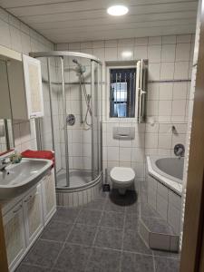 a bathroom with a shower and a toilet and a sink at Bright 3-Bedroom Apartment in Hechelmannskirchen