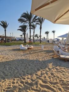 - une plage avec des chaises, un parasol et des palmiers dans l'établissement Charming Twin House In Paros - Mountain View Ras ElHikma - North Coast Egypt, à Ras Elhekma