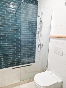 a bathroom with a toilet and a glass shower at Шикарні апартаменти м Мінська 10 хв пішки, 3 поверх, Богатирська 6А in Kyiv