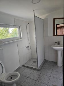 a bathroom with a shower and a toilet and a sink at Traflor Termhouse Rustic in Venus