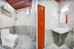 two pictures of a bathroom with a toilet and a sink at Collection O Jeevan Bima Nagar HAL Road in Bangalore