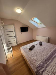 a bedroom with a bed and a television and a window at Like Hostel in Chişinău