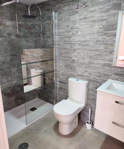 a bathroom with a toilet and a shower at Espectacular Estudio muy grande in Valdemoro
