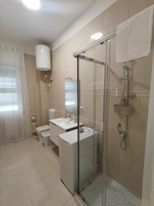 a bathroom with a shower and a toilet and a sink at Marinella House in Siracusa