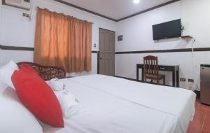 Lapu Lapu CityMax Travellers Inn by RedDoorz的一间卧室配有一张带红色枕头的白色床和电视。