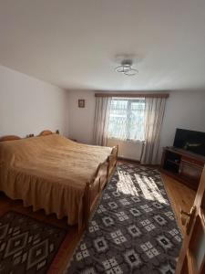 a bedroom with a bed and a window and a rug at Coltul verde in Tîrgu Neamţ +15 photos