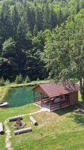 a gazebo next to a lake with trees at Pensiunea Poiana Țibleș in Suplai +7 photos