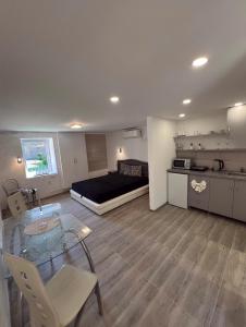 a large living room with a bed and a table at La Perla Apartman 1 in Bela Crkva