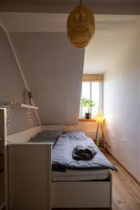 a bedroom with a bed in a room with a window at SeeZauber- gemütliche Ferienwohnung, Privatparkplatz, Cospudener See in Markkleeberg