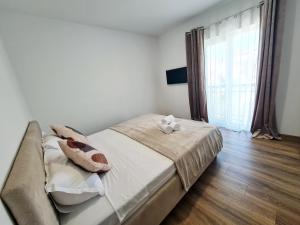 a bedroom with a bed and a large window at Esther Line Apartments - self check-in, free private parking in Timişoara