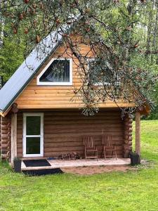 una baita con due sedie e un cane davanti di Ozolsala 