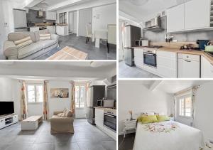 three different views of a kitchen and a living room at Appartement cosy et lumineux au cœur de Cogolin in Cogolin +16 photos