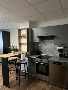 a kitchen with stainless steel appliances and a wooden table at Apartmán Laura v centre in Prievidza