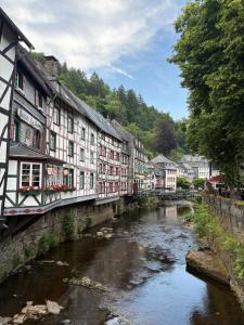a river in a town with houses and a bridge at Die Alte Linde in Butgenbach