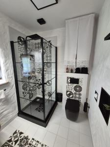 a bathroom with a shower with a glass door at Woodland House 1 in Berezka +44 photos