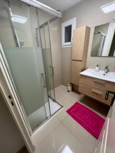 a bathroom with a shower and a sink at Villa Monica in Baud +3 photos