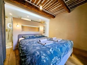 a bedroom with a blue and white bed in a room at La Fourmilière - dans le Vieil Antibes in Antibes