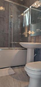 a bathroom with a toilet and a sink and a tub at Apartments Danilo Kažanegra in Sveti Stefan
