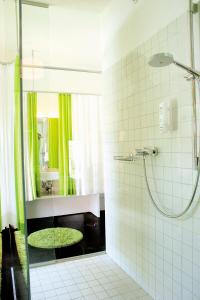 a bathroom with a shower with a glass door at Hotel Zur Schonenburg in Schonberg am Kamp