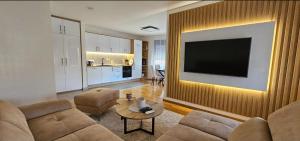 a living room with a couch and a television on a wall at Sanela's Peace in Vrnjačka Banja