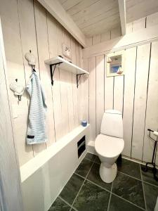 a small bathroom with a toilet and a sink at Charming 5 bed studio at Getterön in Varberg