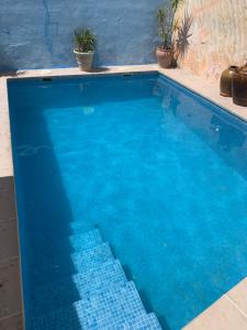 a swimming pool with blue water and some plants at Casa Rural El Antiguo Juzgado in Jimena de la Frontera