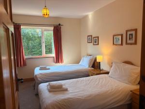 ケンメアにあるConvenient spacious 3 bedroom home in Kenmare townのベッドが2つと窓があるホテルの部屋