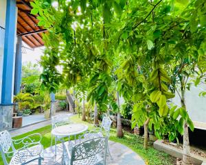 a patio with a table and chairs under a tree at Villa in kandy- kundasale in Kundasale +14 photos