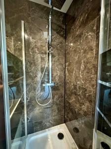 a bathroom with a shower and a sink at Studette Cosy in Saint-James