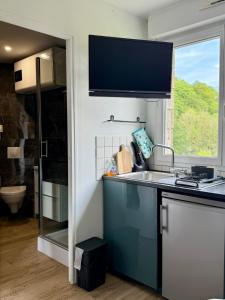 a kitchen with a sink and a window at Studette Cosy in Saint-James