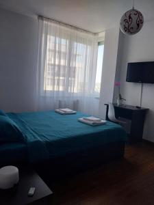 シェリンバルにあるIanca Urban Stayのベッドルーム(緑のベッド1台、窓付)