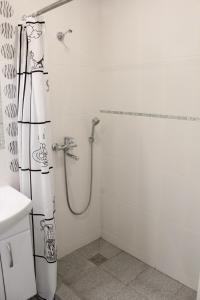 a shower in a bathroom with a shower curtain at Apartment For Guests with Soul in Vinnytsya +19 photos