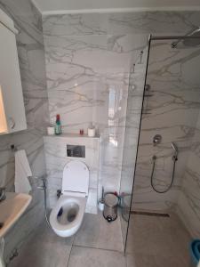 a white bathroom with a toilet and a shower at Skyline sea view apartment in Becici +11 photos