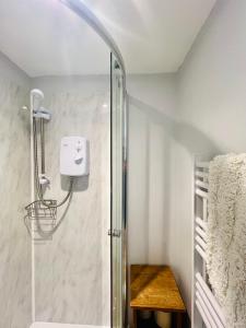 a shower with a glass door in a bathroom at Romantic Cabin Retreat on 50-Acre Suffolk Farm in Burgh