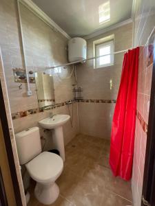 baño con aseo y lavamanos con cortina de ducha roja en Edelweiss 1, en Cholpon-Ata