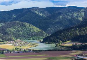 an aerial view of a river and mountains at Ludanov apartma in Radlje ob Dravi