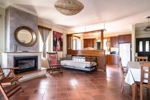 a living room with a bed and a fireplace at Villa sea view 1 in Athanion