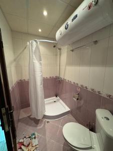 a bathroom with a shower and a toilet and a tub at Aqua Studio - Sveti Vlas in Sveti Vlas