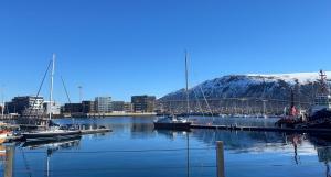 a group of boats docked in a harbor with a snowy mountain at Arctic Skyview Retreat in Tromso - with parking in Tromsø +13 photos