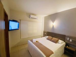 a bedroom with a bed and a flat screen tv at Rede Andrade Center Premium in Rondonópolis